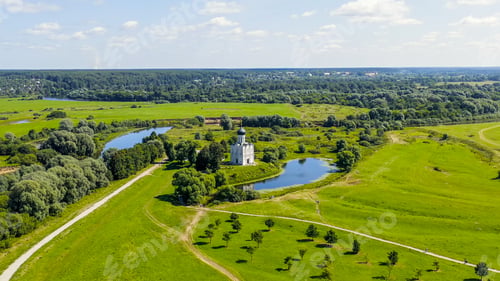 Preview: Russia, Bogolyubovo. Aerial View Of Church Of The Intercession On The Nerl. Orthodox Church And A