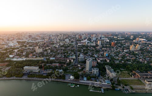 Preview: Rostov-On-Don, Russia. Don River. Summer Panorama Of The City From The Air, Aerial View. Sunset