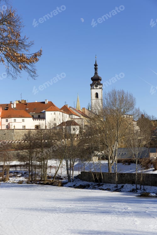 Preview: Colorful Royal Snowy Medieval Town Pisek Above The Frozen River Otava, Czech Republic