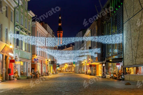 Preview: Old Street Viru In The Night Christmas Illumination. Tallinn. Estonia.