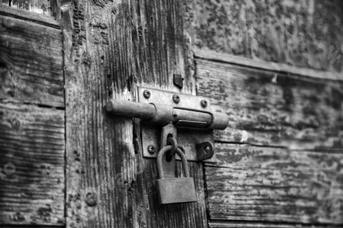 Preview: Broken Wooden Door With Padlock, Construction And Architecture