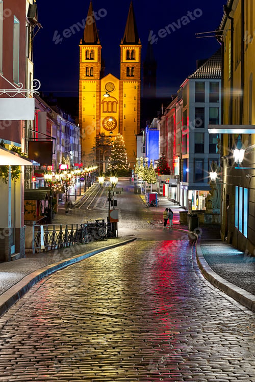 Preview: Old Medieval Stone Bridge With Sculptures In The Night Illumination. Germany. Wurzburg Bavaria