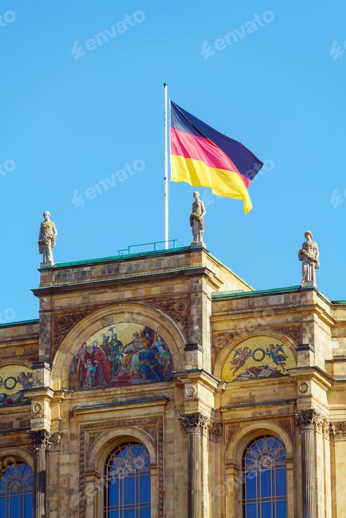 Preview: Waving German Flag Above The Maximilianeum Palace (1874), Seat Of Bavarian Landtag, Munich, Germany