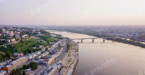Preview: Aerial View Of Kanavinsky Bridge Across The Oka River From The River Side During Sunset. Nizhny