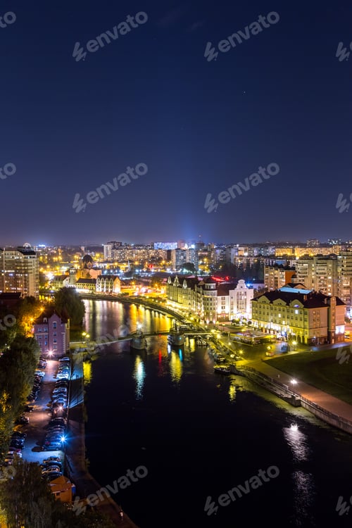 Preview: Night View Of The Center Of Kaliningrad. Jubilee Bridge, Fish Village, Channels Of The Pregolya