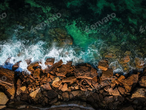 Preview: Aerial View Of Waves, Rocks And Transparent Sea. Summer Seascape. Top View From Drone. Rocky