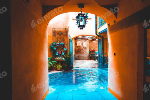 Preview: Mediterranean Backyard Of Buildings At Bergamo With Blue Colored Ground