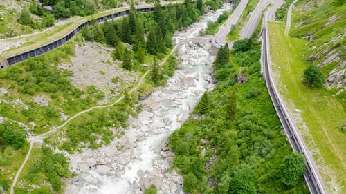 Preview: Switzerland. Picturesque Winding Mountain Road With Tunnels Gotthardstrasse, Aerial View