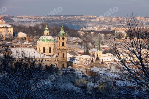 Preview: Christmas Snowy Prague Lesser Town With St. Nicholas' Cathedral, Czech Republic