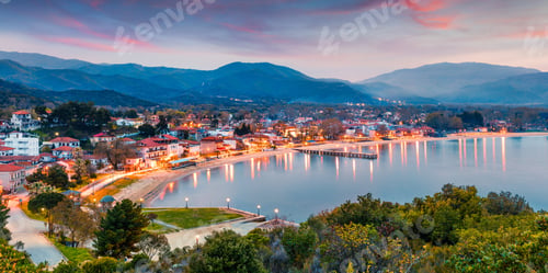 Preview: Picturesque Spring Scene Of Aegean Sea. Dramatic Sunset Of Olimpiada Town, Greece, Europe