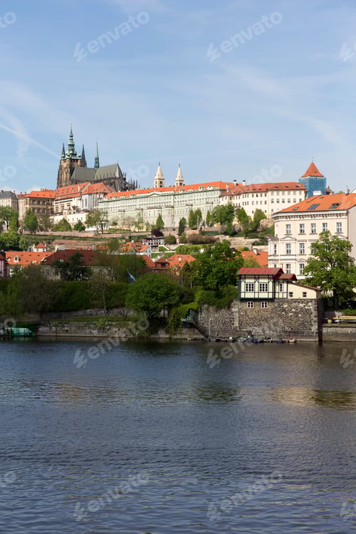 Preview: Spring Green Prague Lesser Town With Gothic Castle Above River Vltava In The Sunny Day, Czech
