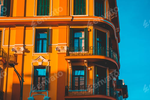Preview: Orange Corner Building With Green Wooden Windows