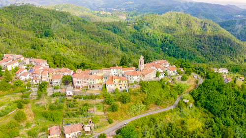 Preview: Carrodano Superiore, Italy. Province Of La Spezia. Mountain Wooded Landscape. View From Above