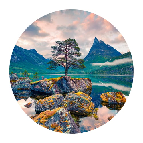 Preview: Round Icon Of Nature With Landscape. Fantastic Summer Sunrise On Innerdalsvatna Lake. Wonderful