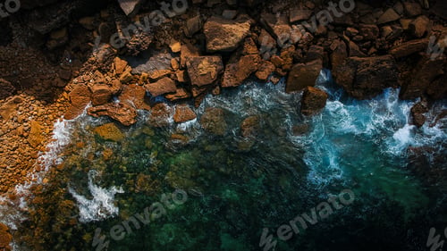 Preview: Aerial View Of Waves, Rocks And Transparent Sea. Summer Seascape. Top View From Drone. Rocky