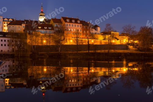 Preview: Night Winter Royal Medieval Town Pisek With The Castle Above The River Otava, Czech Republic