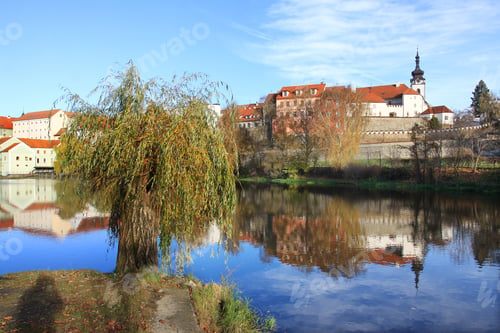 Preview: Colorful Autumn Medieval Town Pisek Above The River Otava With The Gothic Deanery Church, Czech