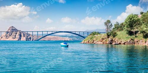 Preview: Colorful Summer View Of Bridge To Krk Island. Sunny Morning Scene Of Croatia, Europe. Beautiful
