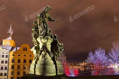 Preview: Night Snowy Prague Old Town From Charles Bridge, Czech Republic