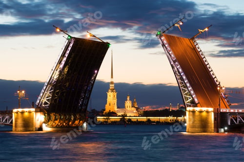 Preview: Divorced Palace Bridge And Peter And Paul Cathedral On A Cloudy June Night. St. Petersburg