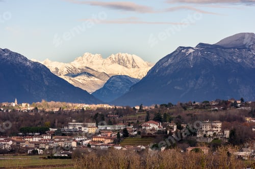 Preview: Winter Panorama Between Cassacco And Tricesimo. From The Hills To The Snow-Capped Mountains. Sunrise
