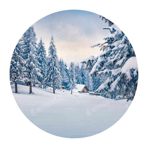 Preview: Round Icon Of Nature With Landscape. Frosty Winter Morning In Carpathian Mountains With Snow