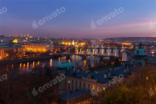 Preview: Night Prague City With Its Cathedrals, Towers And Bridges In The Christmas Time, Czech Republic