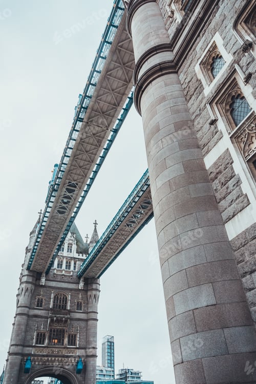 Preview: Tower Bridge, London Architectural Detail Looking Up The Exterior Facade Of One Of The Stone Towers
