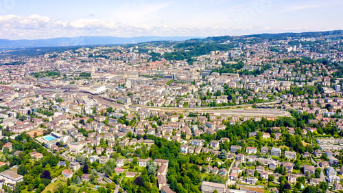 Preview: Lausanne, Switzerland. Flight Over The Central Part Of The City. The Coast Of Lake Geneva, Aerial
