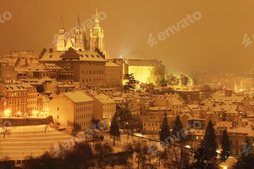 Preview: Night Romantic Snowy Prague Gothic Castle, Czech Republic