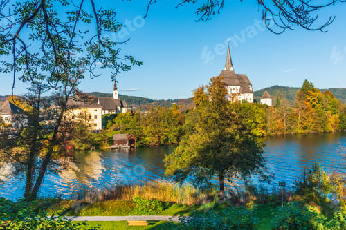 Preview: Magical Gothic Architecture In Austria. Panorama On Lake Worthersee. Maria Worth Church And
