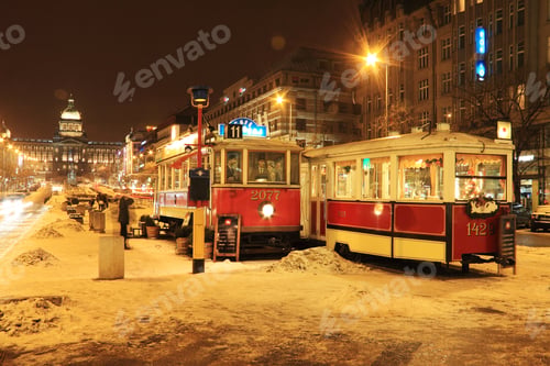 Preview: Historically Tramway In Snowy Prague In The Night