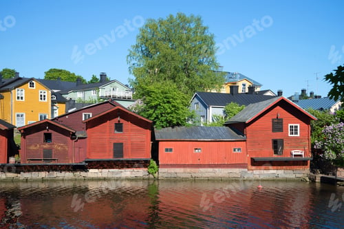 Preview: Town Embankment With Ancient Port Warehouses On The Sunny June Day. Porvoo, Finland
