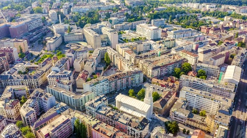 Preview: Geneva, Switzerland. Flying Over The Central Part Of The City In The Morning Hours, Aerial View