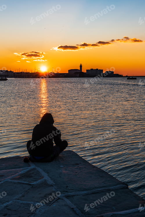 Preview: Sunset From The Audace Pier Of Trieste. Colors Of Fire On The Water. Italy