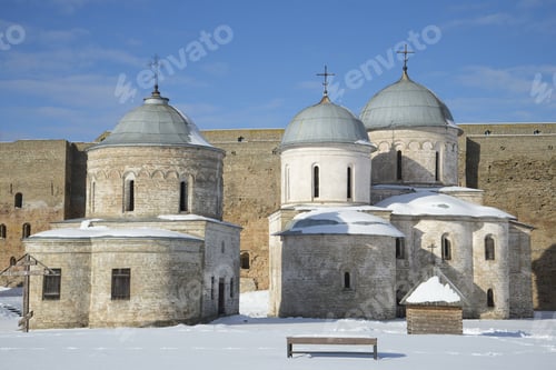 Preview: Two Of The Ancient Temple In Ivangorod Fortress On A Sunny Winter Day. Ivangorod, Russia