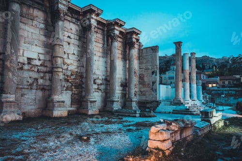 Preview: Architectural Exterior Of Ancient Roman Ruins Of Hadrians Library Illuminated In The Evening