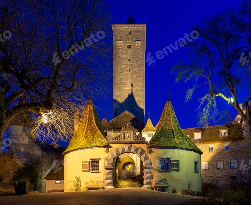 Preview: The Ancient Medieval City Gate Burtorg At Night. Bavaria Germany. Rothenburg Ob Der Tauber.