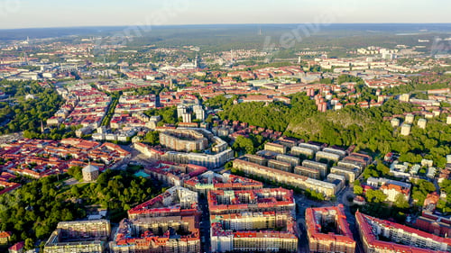 Preview: Gothenburg, Sweden. Panorama Of The City Central Part Of The City. Sunset, From Drone