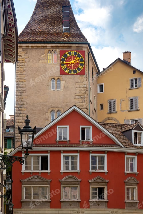 Preview: View Of The Old Narrow Medieval City Street With Lanterns. Zurich. Switzerland.