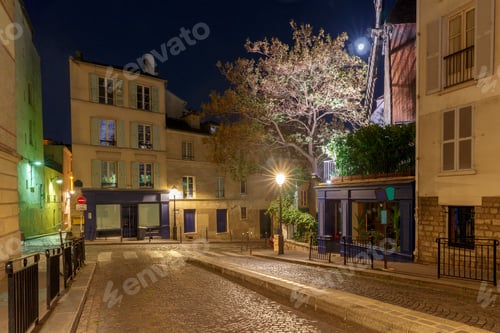 Preview: View Of The Old Street On The Montmartre Hill In The Night Lighting. Paris. France.