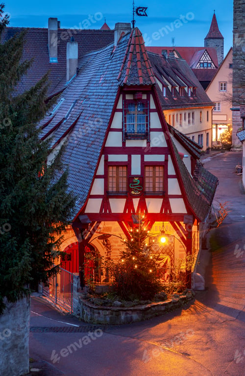 Preview: Old Traditional Medieval Street In Night Illumination. Rothenburg Ob Der Tauber. Bavaria Germany.