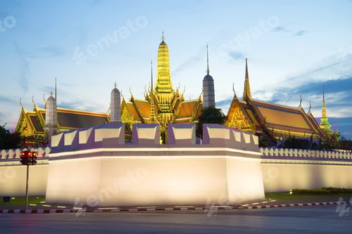 Preview: Corner Bastion And The Spires Of The Royal Palace In The Evening Twilight. Bangkok, Thailand
