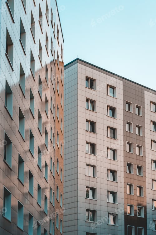 Preview: Two Clean Colored Plattenbau Buildings At East Berlin