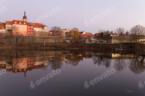 Preview: Evening Winter Royal Medieval Town Pisek With The Castle Above The River Otava, Czech Republic