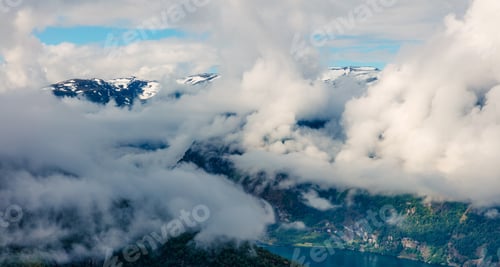 Preview: Foggy Summer View Of Sognefjorden Fjord. Picturesque Morning Scene With Aurlandsvangen Village