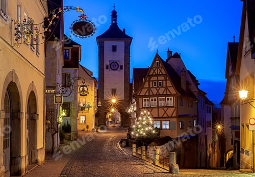 Preview: Old Traditional Medieval Street In Night Illumination. Rothenburg Ob Der Tauber. Bavaria Germany.