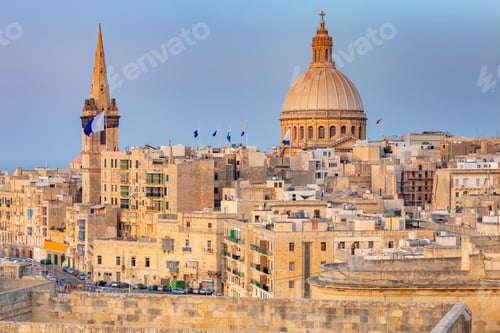 Preview: The Basilica Of Our Lady And Bell Tower In The Historical Part Of Valletta At Sunset. Malta.