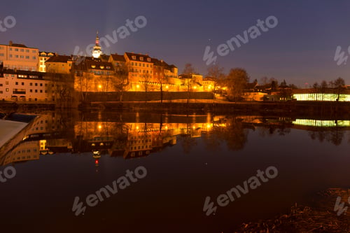 Preview: Night Winter Royal Medieval Town Pisek With The Castle Above The River Otava, Czech Republic