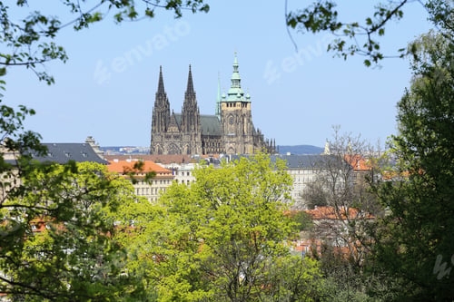Preview: View On The Spring Prague Gothic Castle With Green Nature And Flowering Trees, Czech Republic
